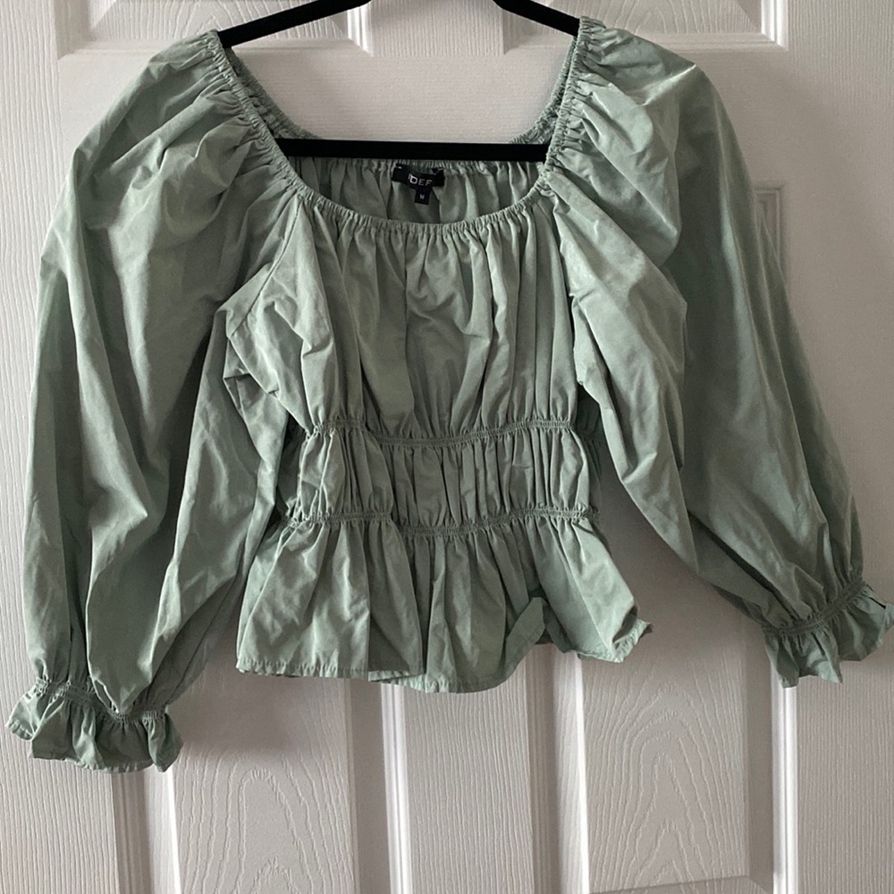 Indefeir mint green balloon sleeve peasant top ruched